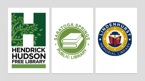 Logos for Hendrick Hudson Free Library, Saratoga Springs Public Library, and Linden Hurst Memorial Library