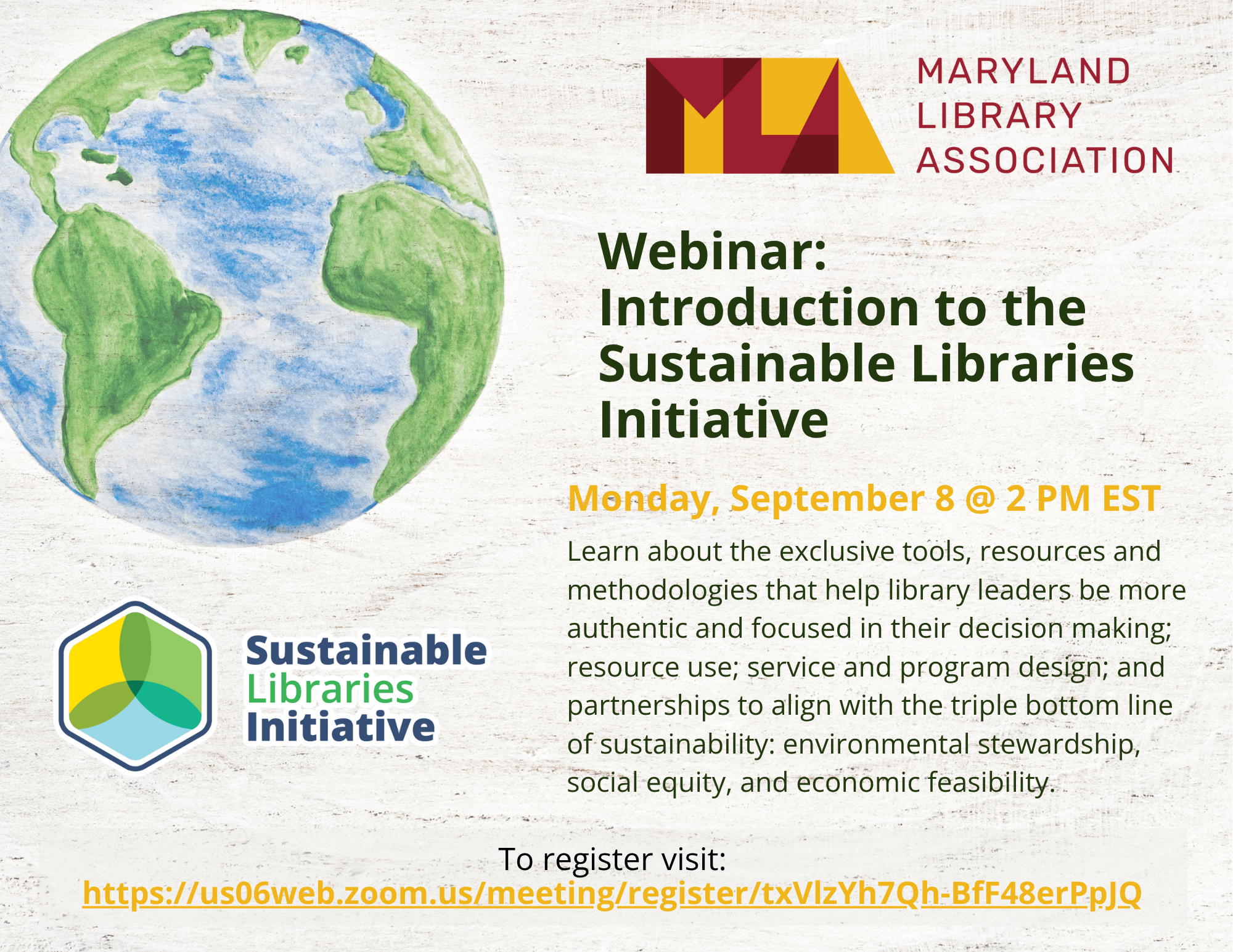 Introduction to the Sustainable Libraries Initiative webinar Monday, September 8 at 2 PM Eastern