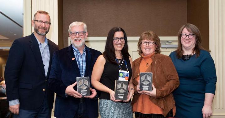 NYLA Sustainable Libraries Certification Program 2019 recognition, l.-r.: Matt Bollerman, director, Hauppauge Public Library & cofounder, NYLA-SI; Ike Pulver, director, Saratoga Springs Public Library; Lisa Kropp, director, Lindenhurst Memorial Library; Jill Davis, director, Hendrick Hudson Free Library; Rebekkah Smith Aldrich, executive director, Mid-Hudson Library System & cofounder, NYLA-SI.