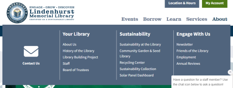 screenshot of the open navigation bar from Lindenhurst memorial Library's website